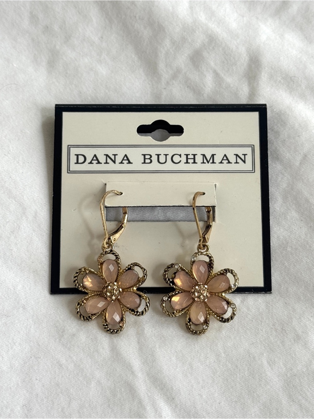 NWT Dana Buchman Gold Tone Daisy Flower Drop Earrings Pink Crystal